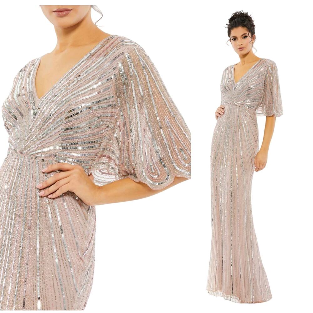 Mac Duggal 93583 Sequin Beaded Vintage Rose Pink Dress Cape Sleeve Dress 6